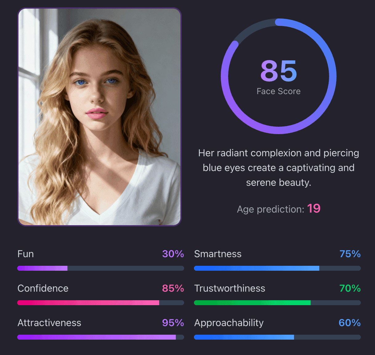 AI Beauty Analysis - Male Example with Attractiveness Score AI attractiveness test example - Young woman with beauty score and attractiveness analysis results
