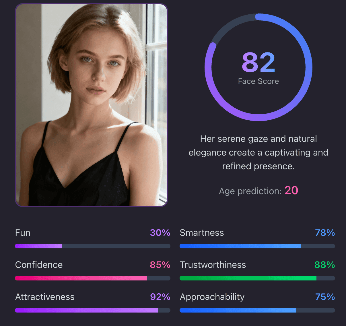 AI Beauty Analysis - Male Example with Attractiveness Score AI beauty analysis example - Man with facial attractiveness scoring showing detailed beauty metrics